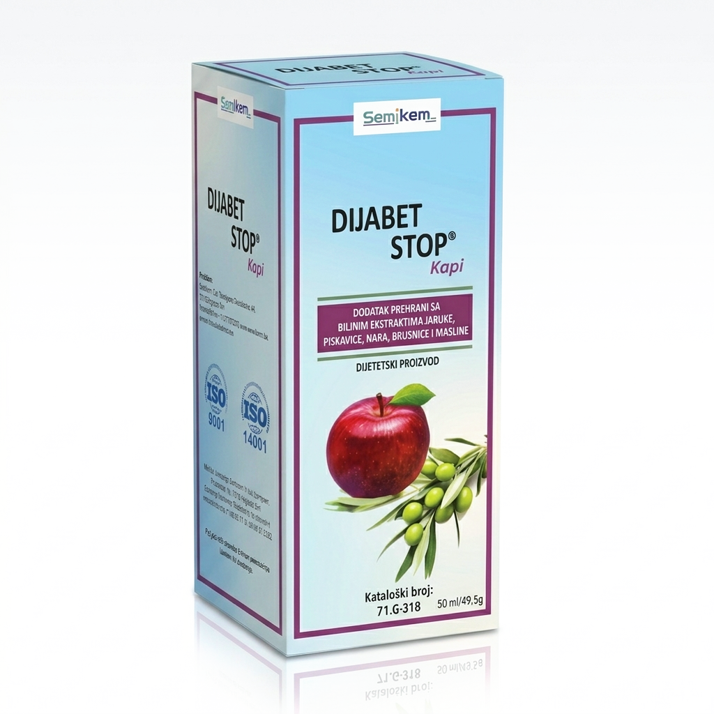 Box of Dijabet Stop with an apple and olive branch on a white background