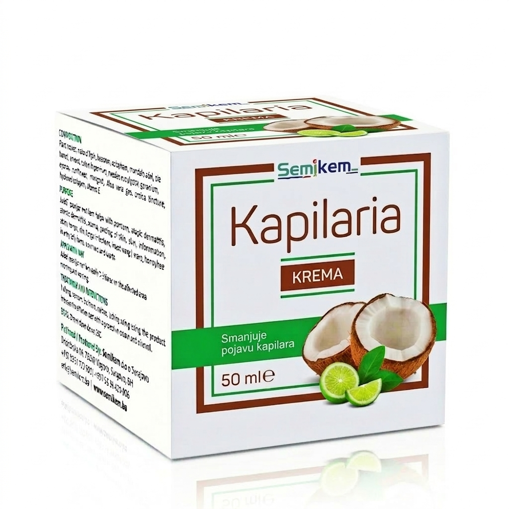 Kapilaria cream packaging with coconut and lime graphics on a white background